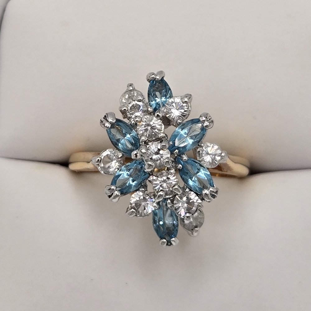 Large Cluster Blue and Silver Floral Ring Affordable Jewelry Size 9
